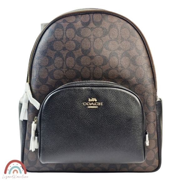 New! Coach Large Court Backpack in Signature Canvas Leather Gold Brown Black main image 5